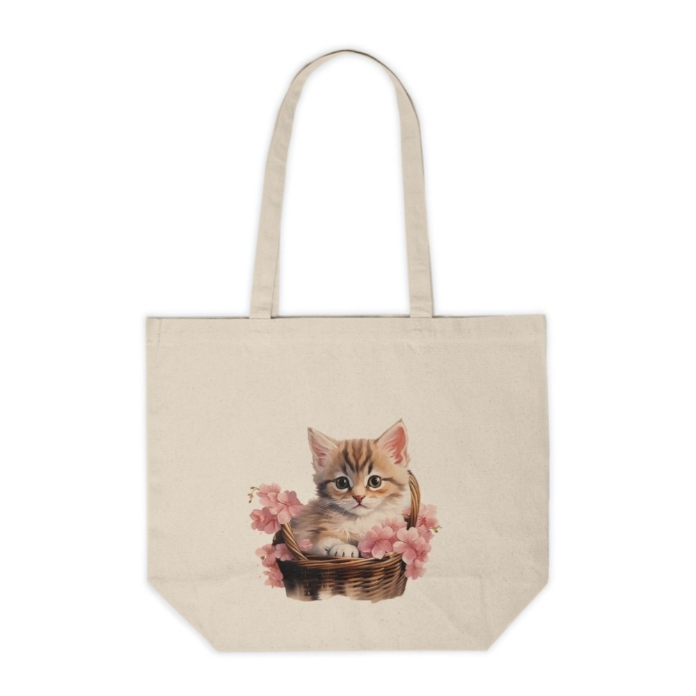 Floral Cat in a Basket Custom Canvas Tote Bag